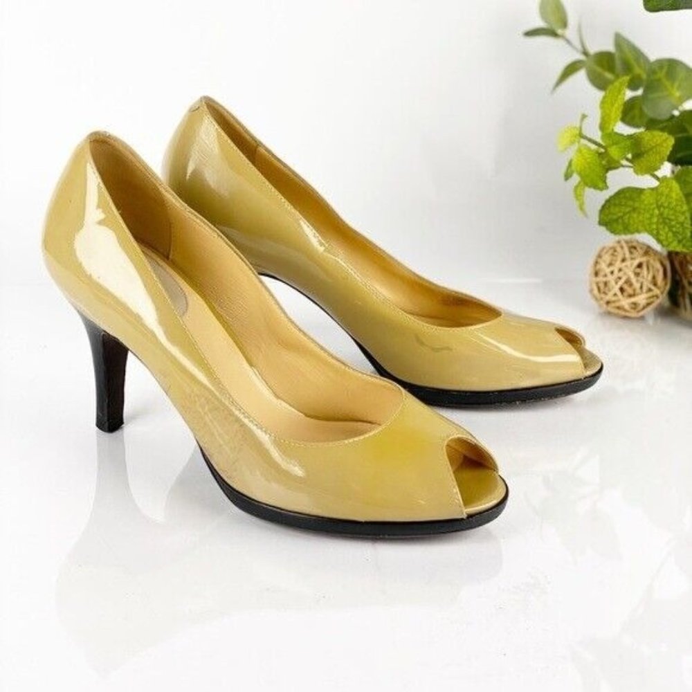 Cole Haan Women's Air Carma Pump Size 9.5 Peep Toe Platform Nude Patent Leather